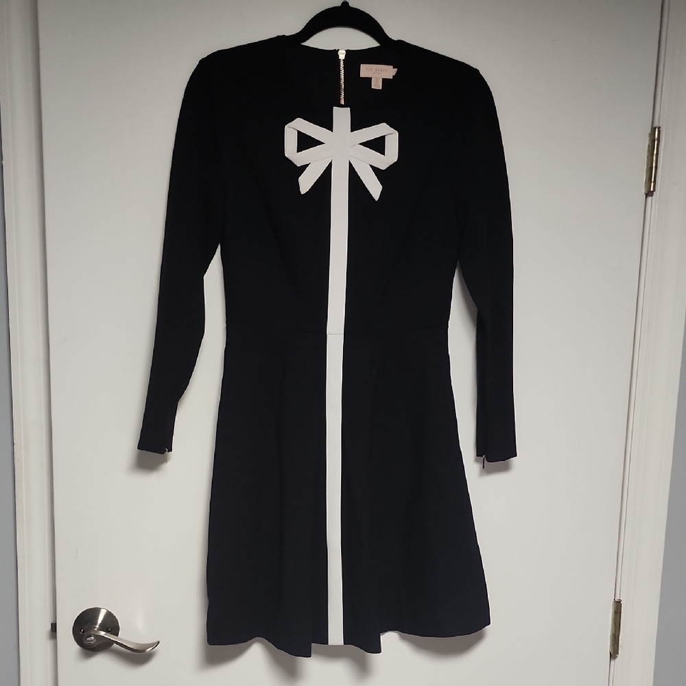 Ted Baker London Black and White Bow Design Long Sleeve A-line Dress Size EU 2